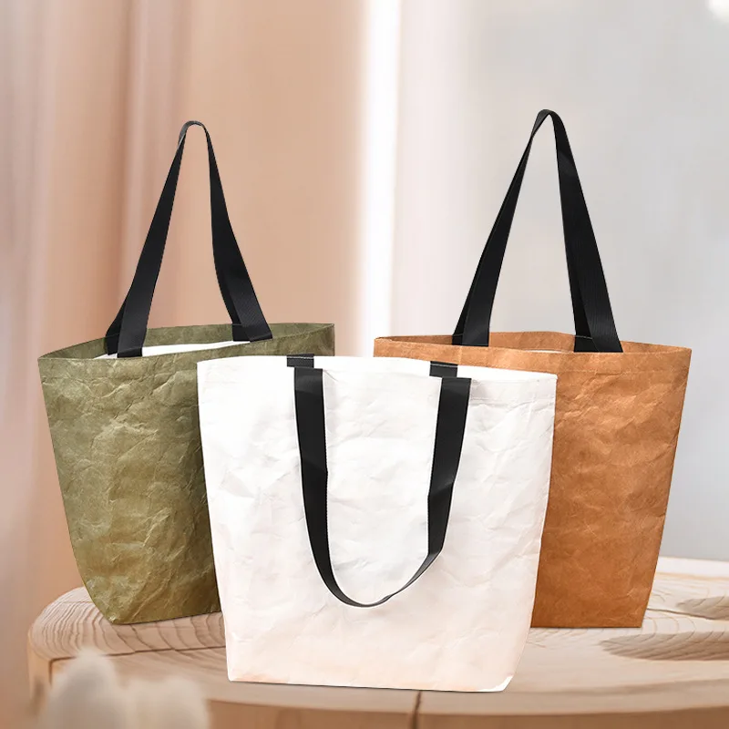 Custom Logo Eco Friendly Dupont Brown Paper Tote Durable Waterproof Reusable Washable Tyvek Kraft Paper Shopping Tote Bags