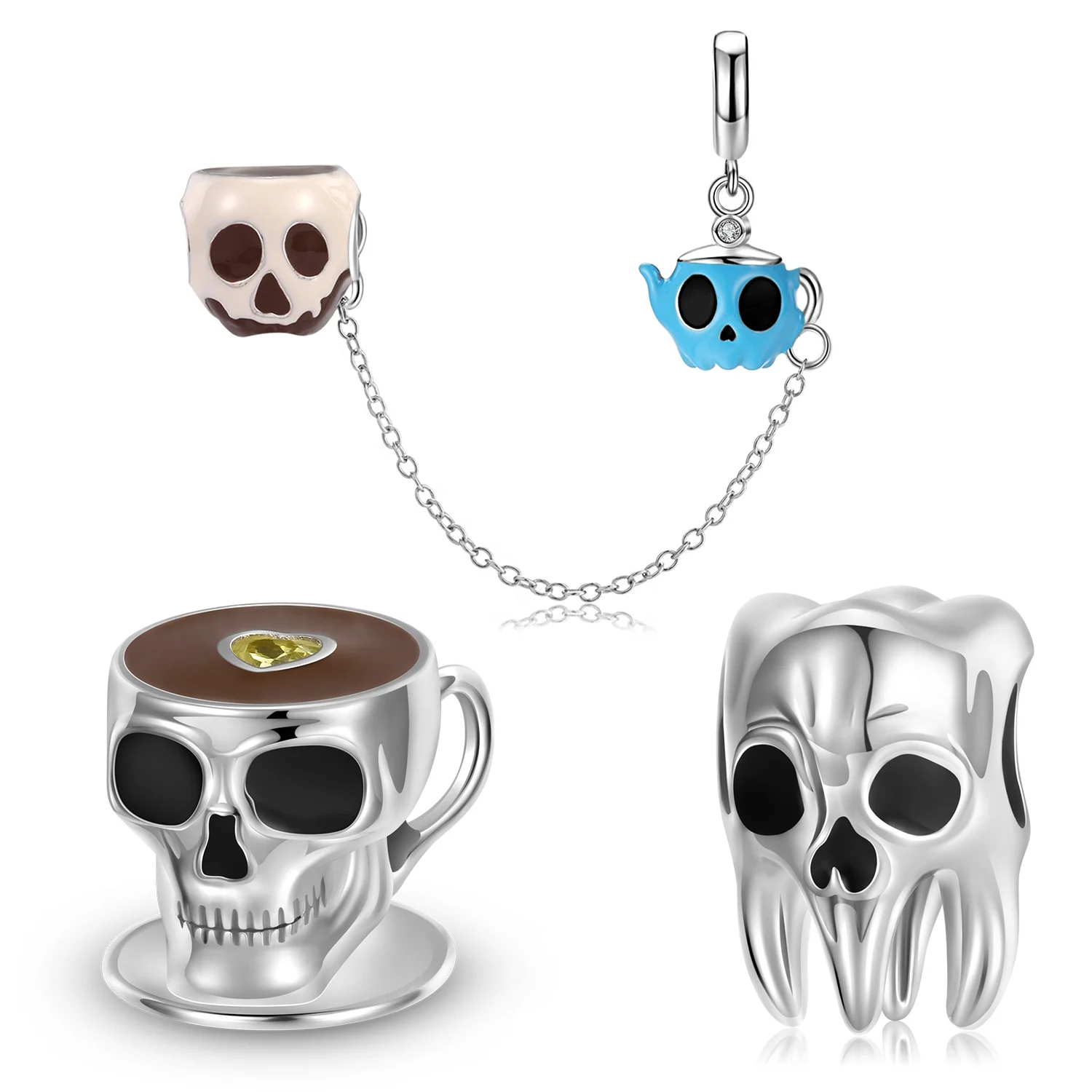 Skull Coffee Cup with Zircon 925 Sterling Silver Wisdom Teeth Enamel Fashion Charms for Women Charm Bracelet Jewelry Popular