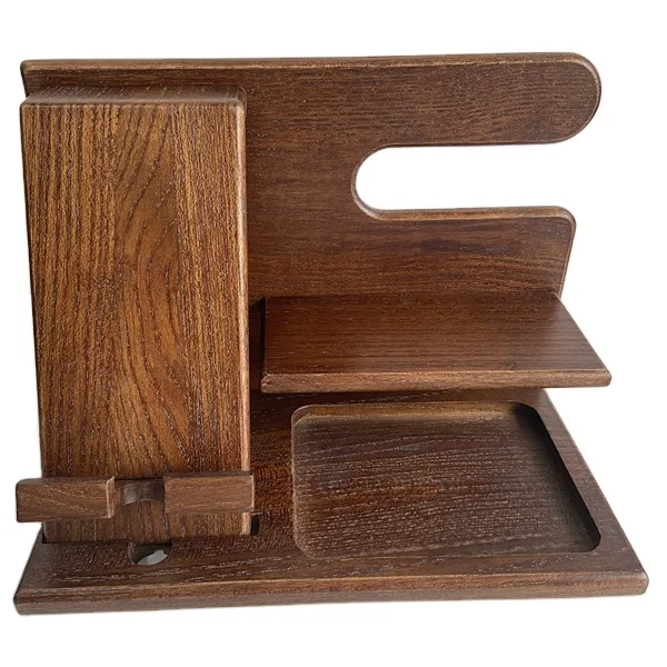 Hot Sale Wood Phone Docking Station Key Holder Wallet Watch Organizer Stand display natural wooden cell phone stand holder table
