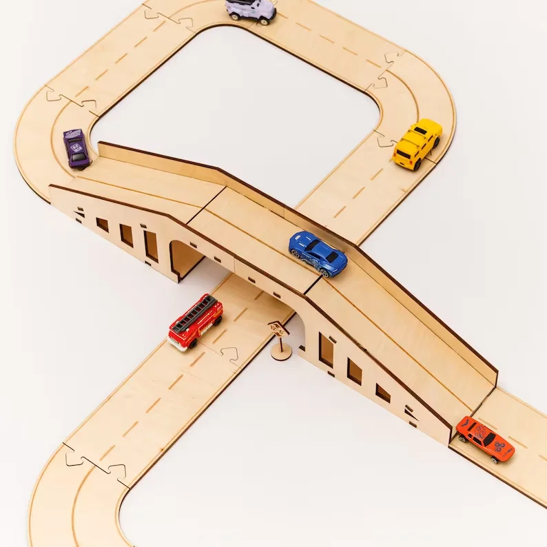 Montessori Education Toys Laser cut wooden Road car Race Track Toys Toddler Gift for kids