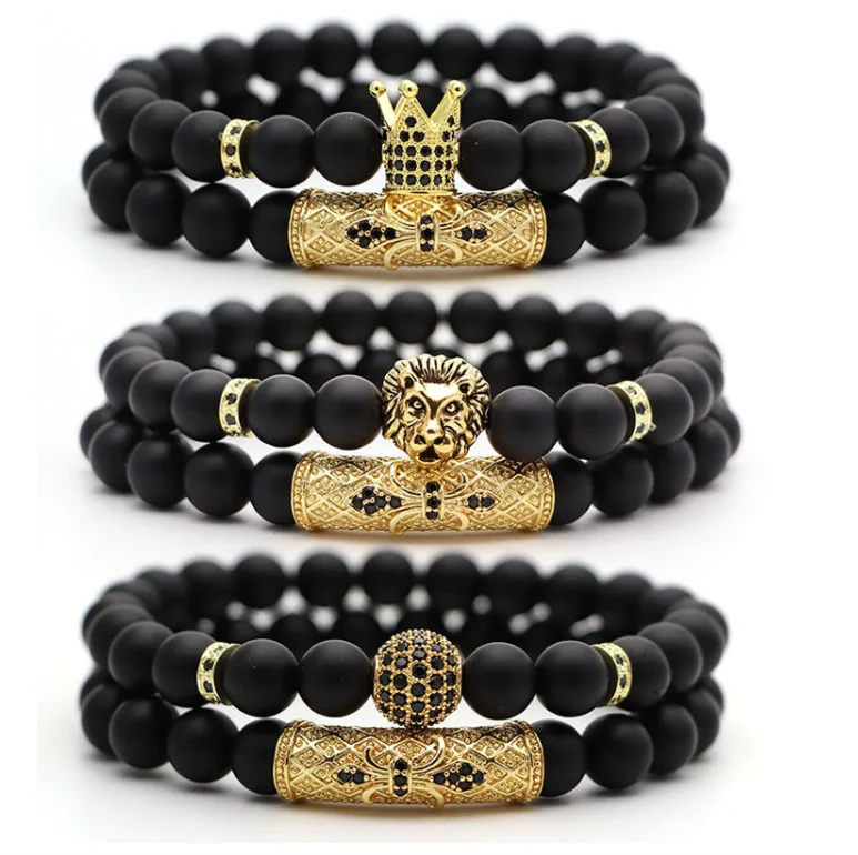 Classic 2pc/set Stretch Black Natural Stone Beaded Bracelet Mens Pave Zircon Cz Ball Skull Lion Charms Bracelets Jewelry Set