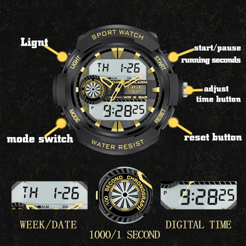 Часы наручные LIGE Мужские кварцевые, водонепроницаемые светодиодные спортивные цифровые с будильником, с коробкой, 50 м