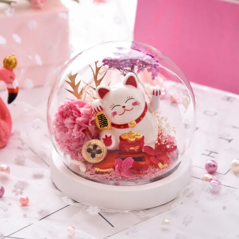 
office home decoration flower dried lucky preserved roses fortune cat with LED light fortune cat in dome glass long lasting rose 