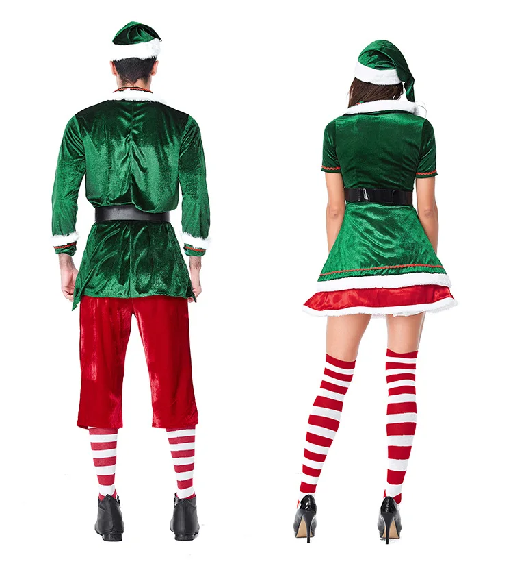 2023 Men Christmas Santa Claus Costume Green Elf Cosplay Family Christmas Party New Year Fancy Dress Clothes Set For Adult