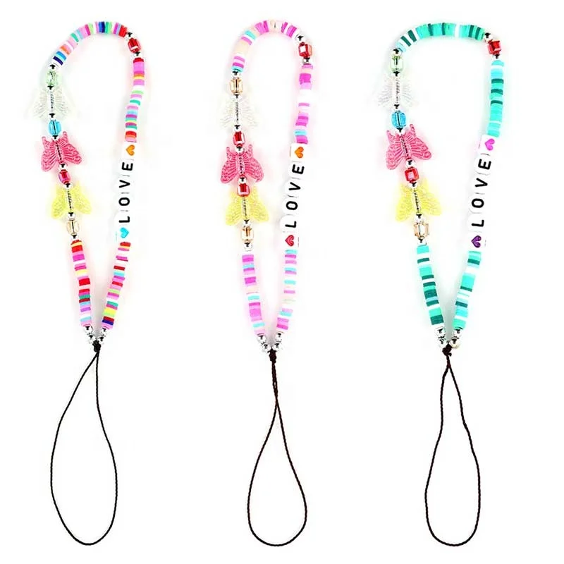 2021 Hot Sell Handmade Beaded Phone Charms Strap Acrylic Polymer Clay Beads Pearl butterfly Phone Strings
