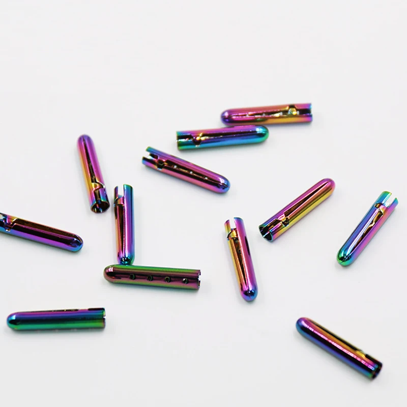 High quality shoe lace vacuum plating rainbow colorful style aglets custom metal lock aglet hoodie cord end tips