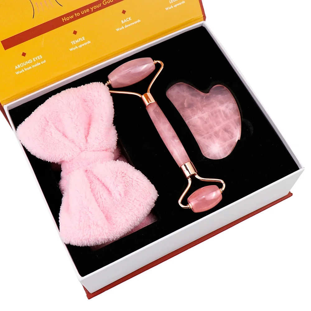 Best High Quality Anti Aging Face Lifting Gua Sha And Facial Roller ,Rose Pink Jade Face Roller For Gift Set