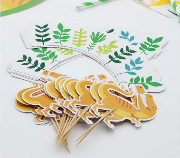 Dinosaur Boy Birthday Party Disposable tableware set Paper Plates Napkins Cups hats boxes Tablecloth card cupcakes toppers flags