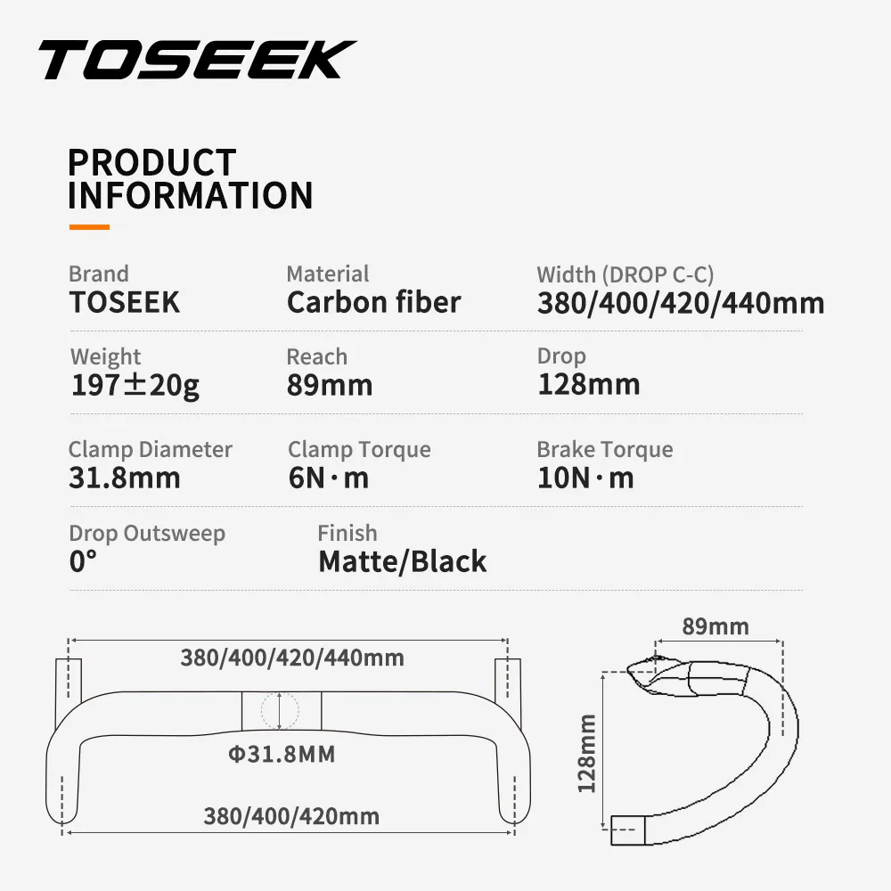 TOSEEK Road Bicycle Carbon Handlebar Reduce Resistance Bent Bar Strengthen Bike Parts 400/420/440mm External Routing Black Matte