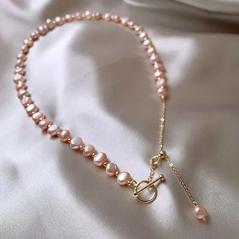 Simple Jewelry Fresh Water Pearl Zircon Butterfly Bracelet Titanium Steel Baroque Fresh Water Powder Pearl Adjustable Necklace