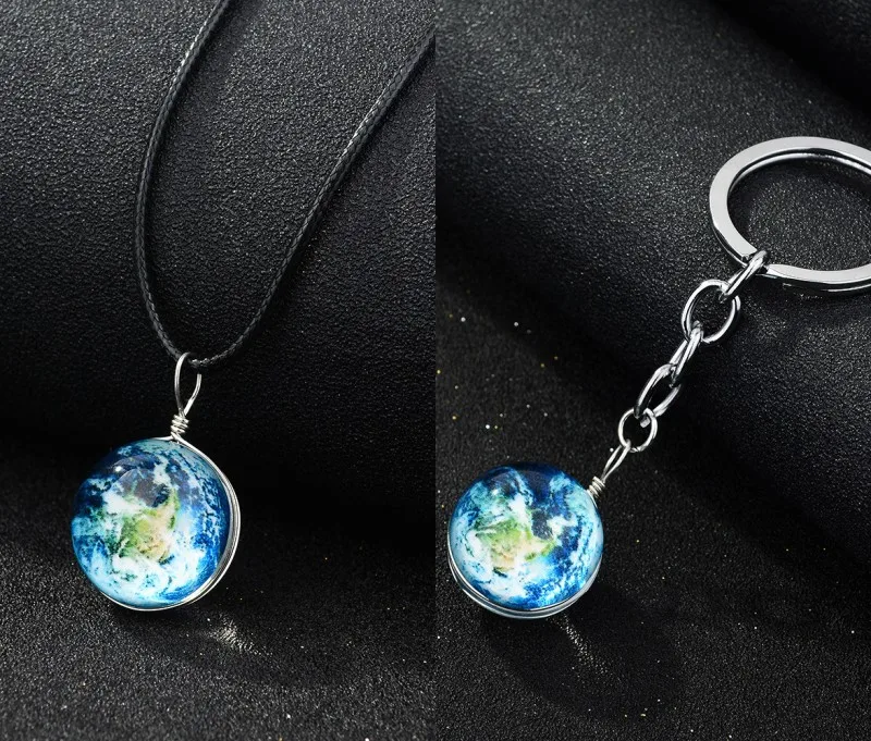 Solar System Necklace Galaxy Planet Pendant Double Side Glass Crystal Ball Universe Necklace Key chain Handmade Jewelry Set