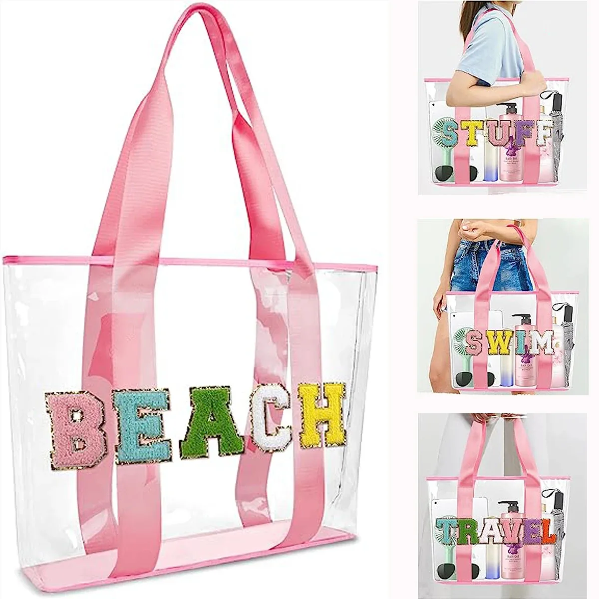 wholesale Custom Embroidery Patch logo Holographic tote bag pvc Shipping For Women stronger handle holographic PVC bag Beach Bag