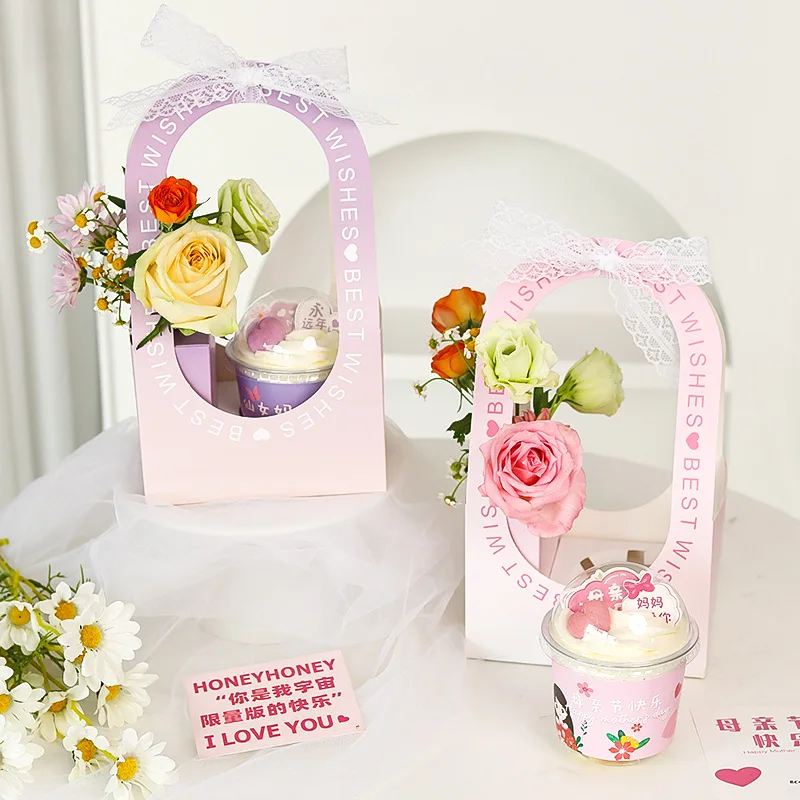 Custom Printing Bakery Packaging Flower Cupcake Dessert Paper Box Bouquet With Ribbons Decoration