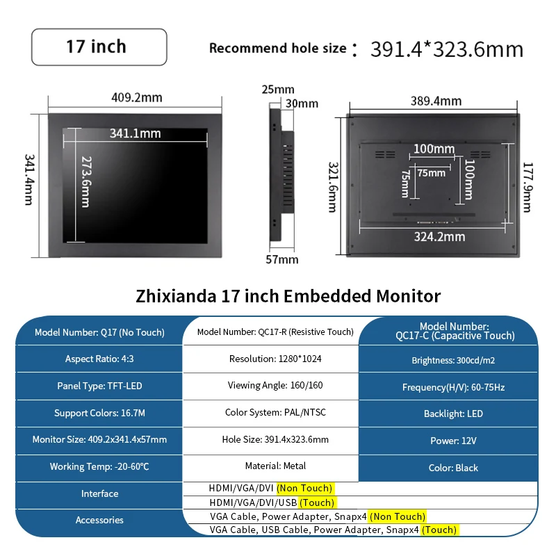 ZHIXIANDA встроенный сенсорный экран монитор 17 дюймов 1280*1024 металлическая промышленная панель с HD-MI портом VGA DVI