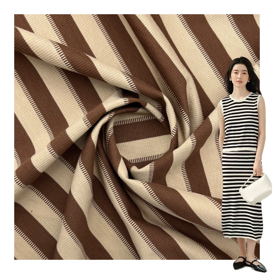Premium cvc textile Brown stripe design fabric 185g cotton polyester for women dresses tshirts high quality fabrics