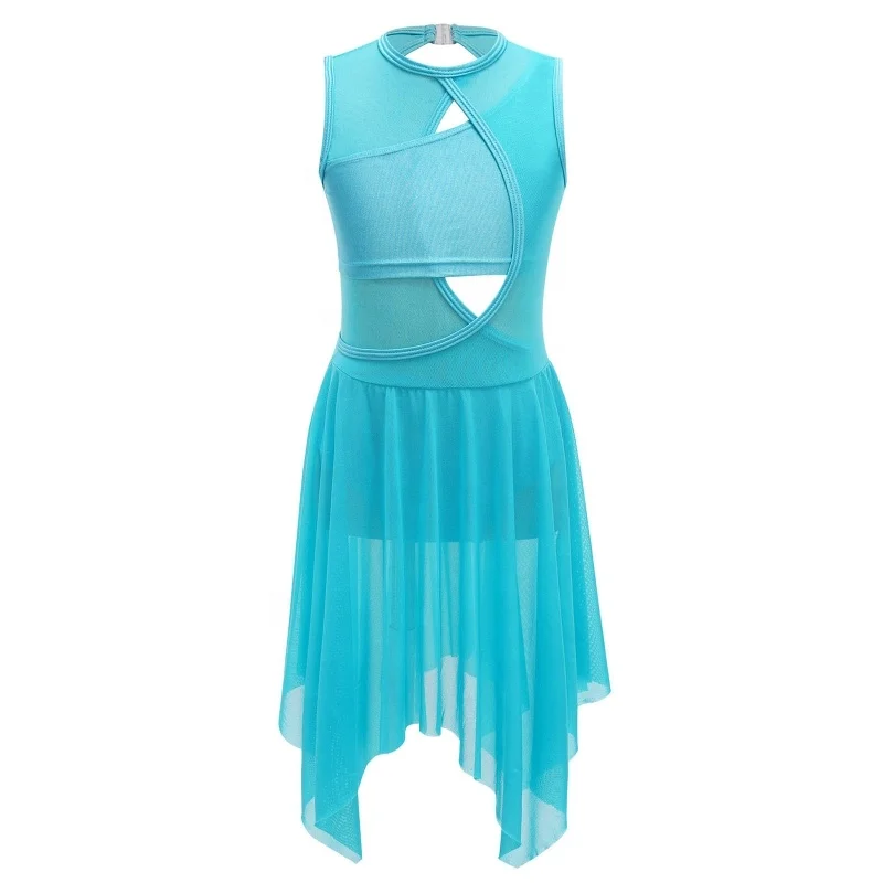 Kids Girls Sleeveless Contemporary Dancewear  Lyrical Dance Costumes Backless Tulle Performance Dance Dress