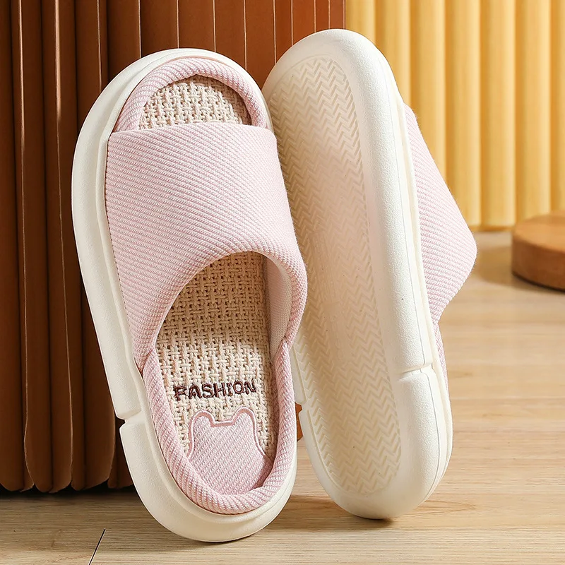 New Linen slippers female residence household cartoon four seasons high end indoor cotton linen thick bottom anti slip sandals