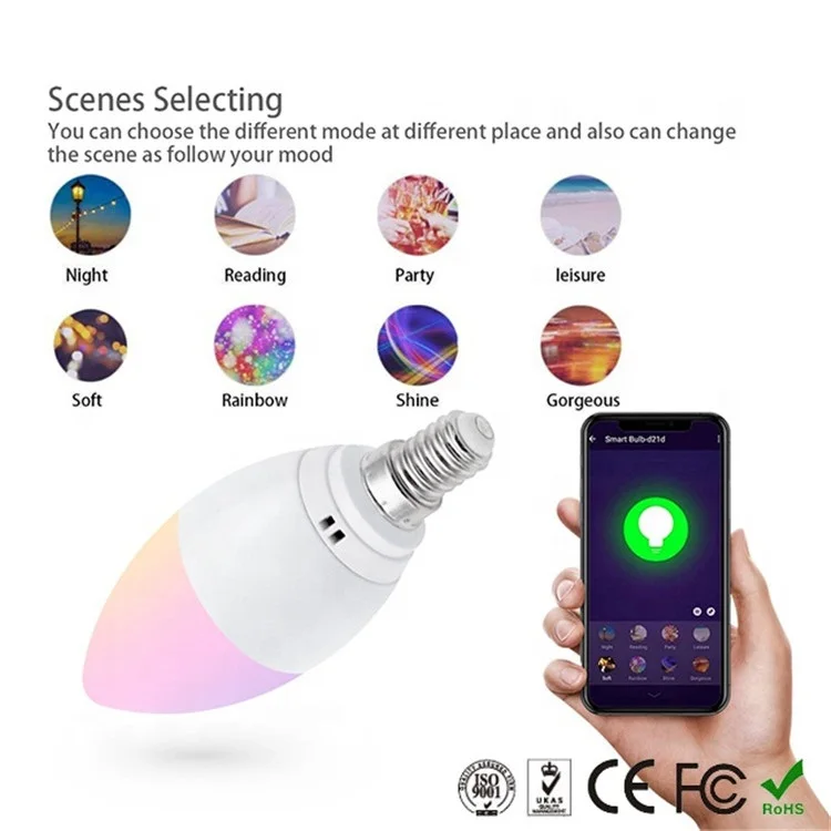 5W AC100-240v C37 Smart Candle WIFI Light Bulb E27 LED RGB Color Changing Control By Tuya