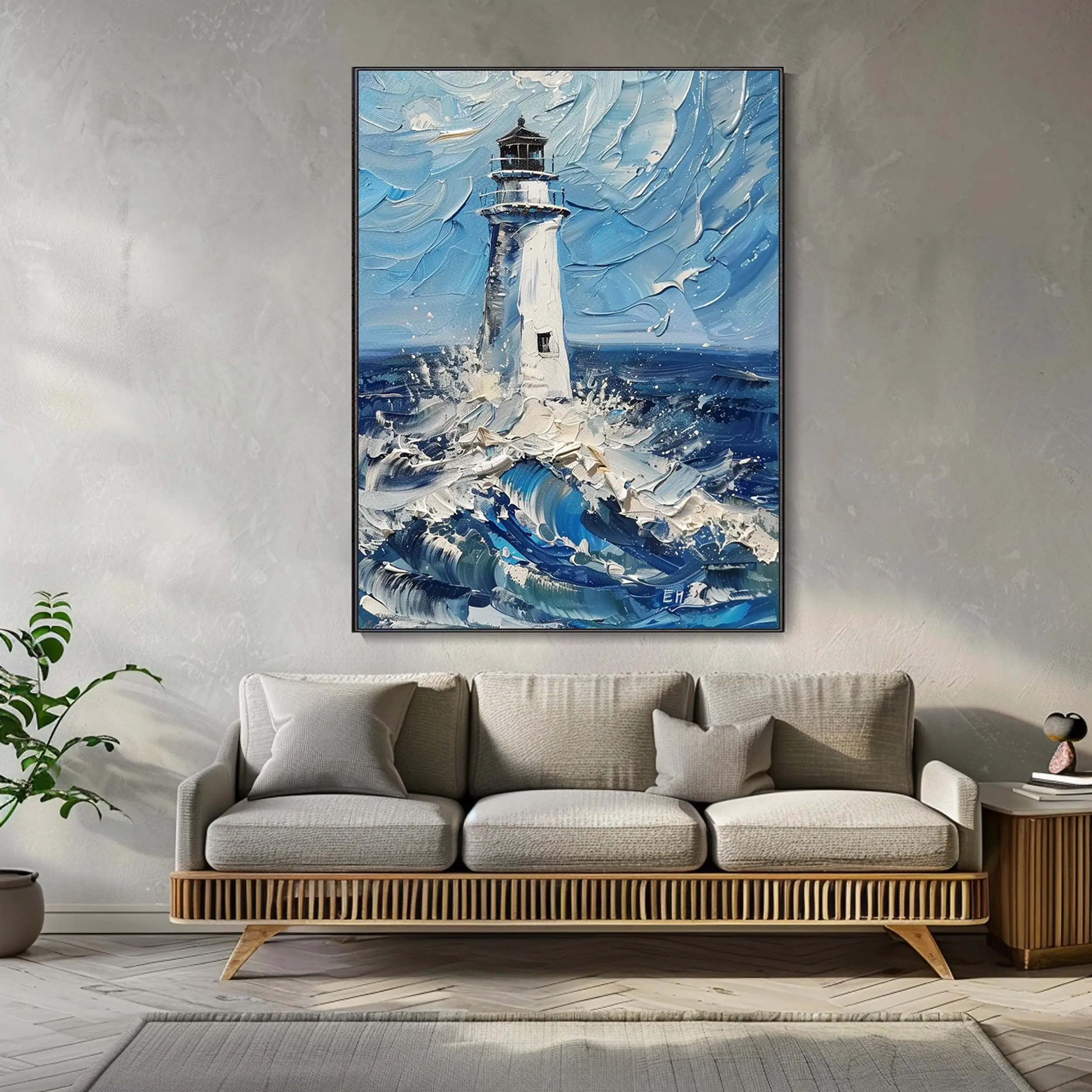 SQ Modern Waves Decor Lighthouse Canvas Blue Ocean Oil Hand Abstract Landscape Custom 3D Decor Wall Interior Home Ocean Scenery