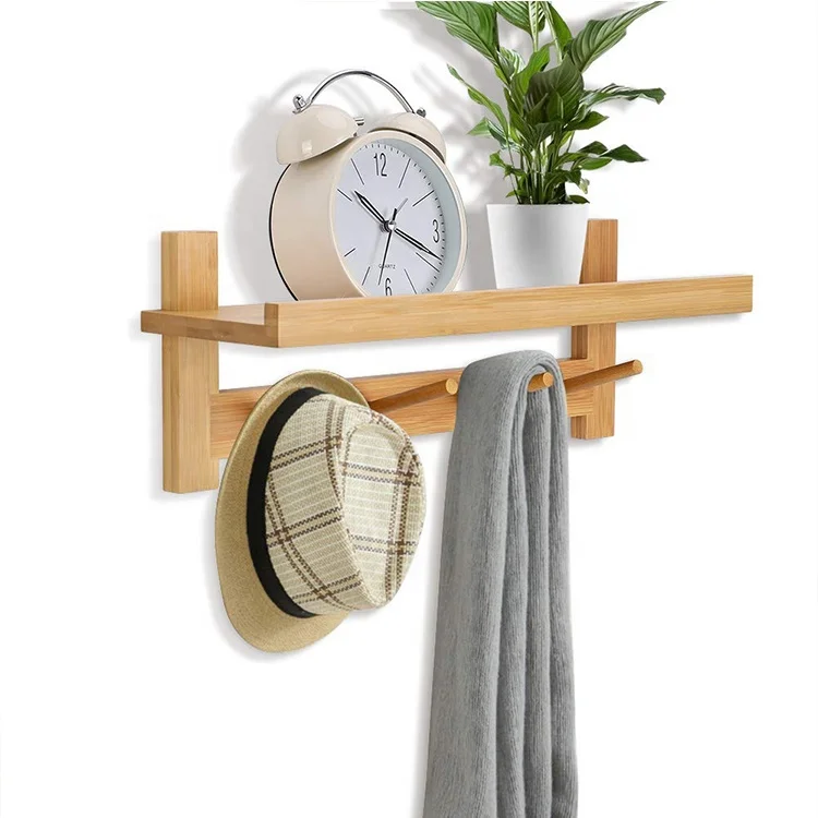 Bamboo Wooden Wall Mounted Clothes Hooks Rack with Book Wall Shelf
