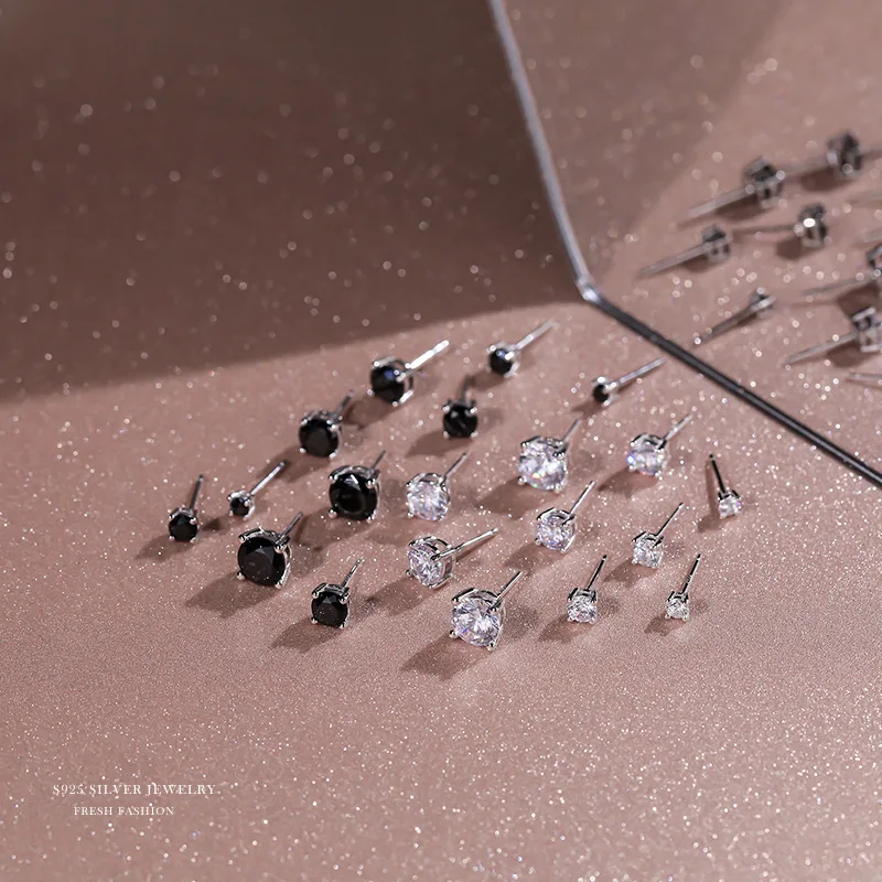 Classic Wholesale Women Four Claw Mini Earrings 925 Silver 0.2-3 Carat Black White Zircon Moissanite Stud Earrings