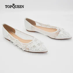 YouLaPan A40 Luxury Ladies Wedding Shoes White Beaded Lace Trim Mesh Sheer Summer Sandals Wedding Party Dress Flats