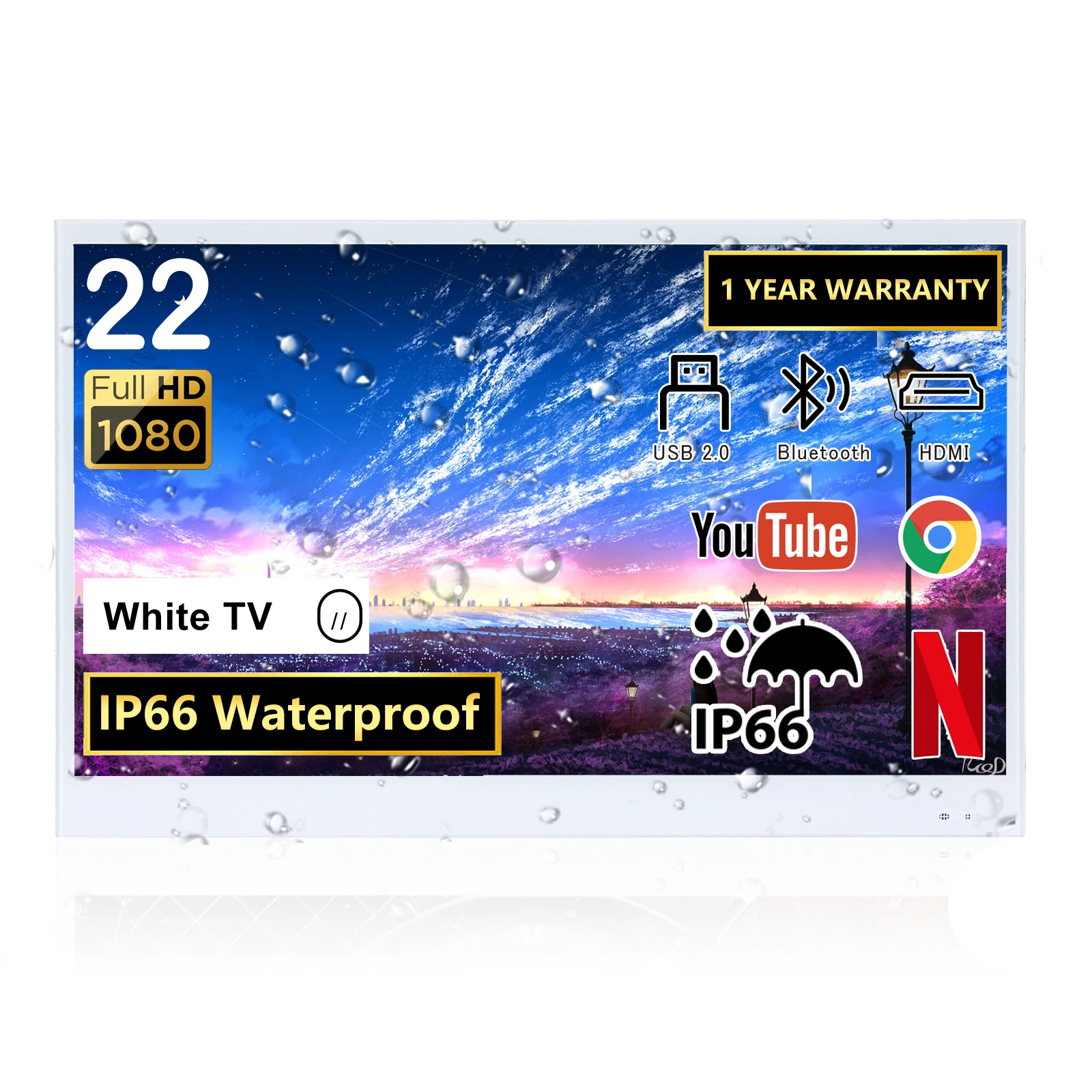 22inch Smart Android 9.0 IP66 Waterproof Bathroom TV Stylish White Design 1080P Full HD with Built-in Wi-Fi, Integrated Speakers