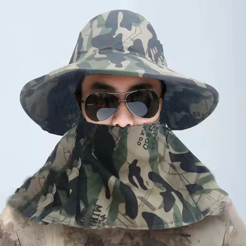 QJC205 Men Camouflage Outdoor UPF50 Summer Sun Hat Wide Brim Rolling up Fishing Hat Neck Flap Bucket Hats