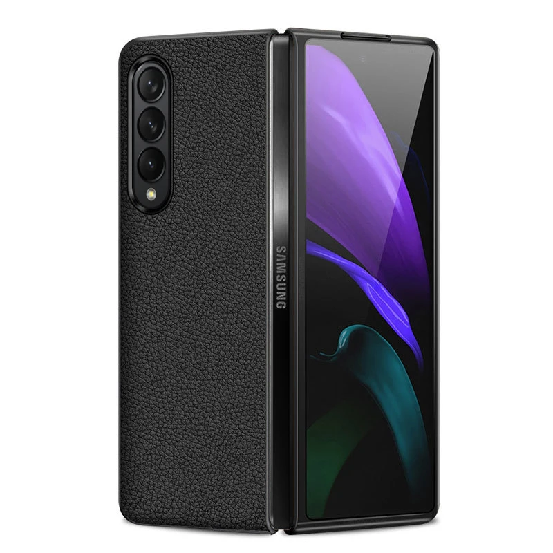 OMEVE Litchi Grain Genuine Leather Case for Samsung Z Fold4 5G Back Cover Case for Samsung Z Fold 4 Fold3