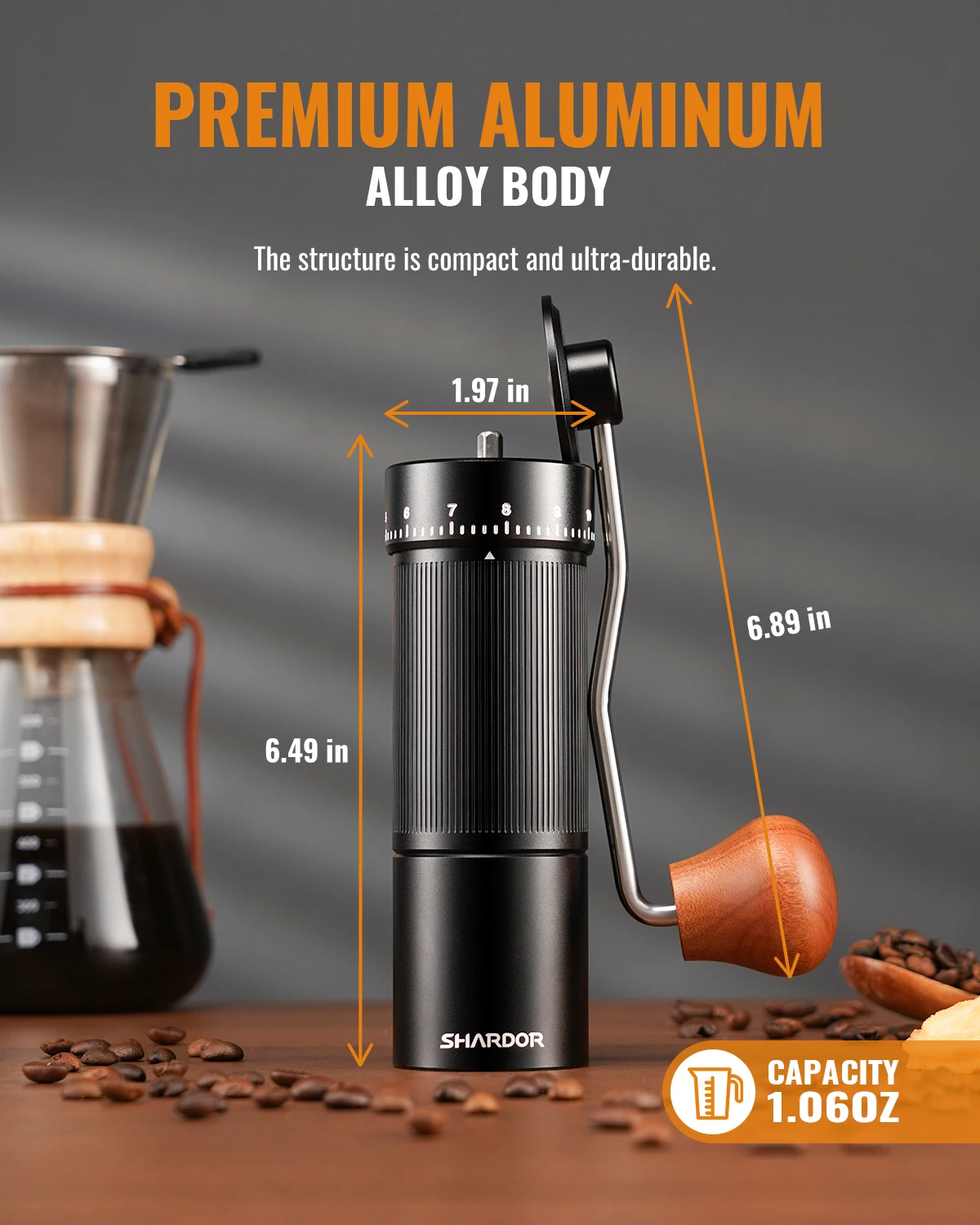 SHARDOR Aluminum Alloy Conical Burr Manual Coffee Bean Grinder Double Bearing Positioning Office Home Camping Grinder