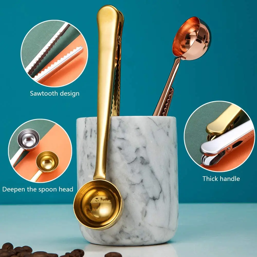 Food Grade Stainless Steel Brass Gold Copper Measuring Spoon Scoop with Bag Sealing Clip for Coffee Bean