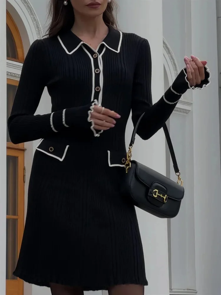 2024 Custom FNJIA Design Slim Elegant Lapel Button Knitted Skirt Winter New Long Sleeve Thin Casual Sweater Dresses For Women