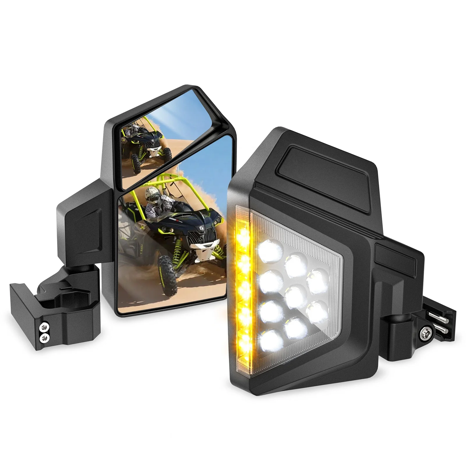 MICTUNING UTV RZR Side Rear View Mirrors Heavy-Duty Aluminum Rearview Mirror with LED Lights