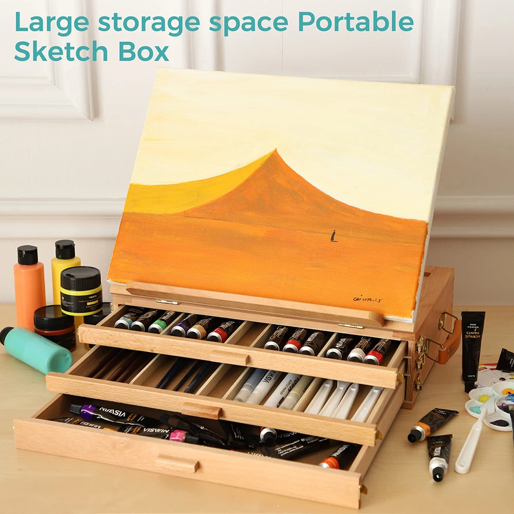 Panwenbo Art Supply Adjustable Wooden 3-Drawer Storage Box Easel Premium Beechwood Portable Wood Artist Desktop Easel