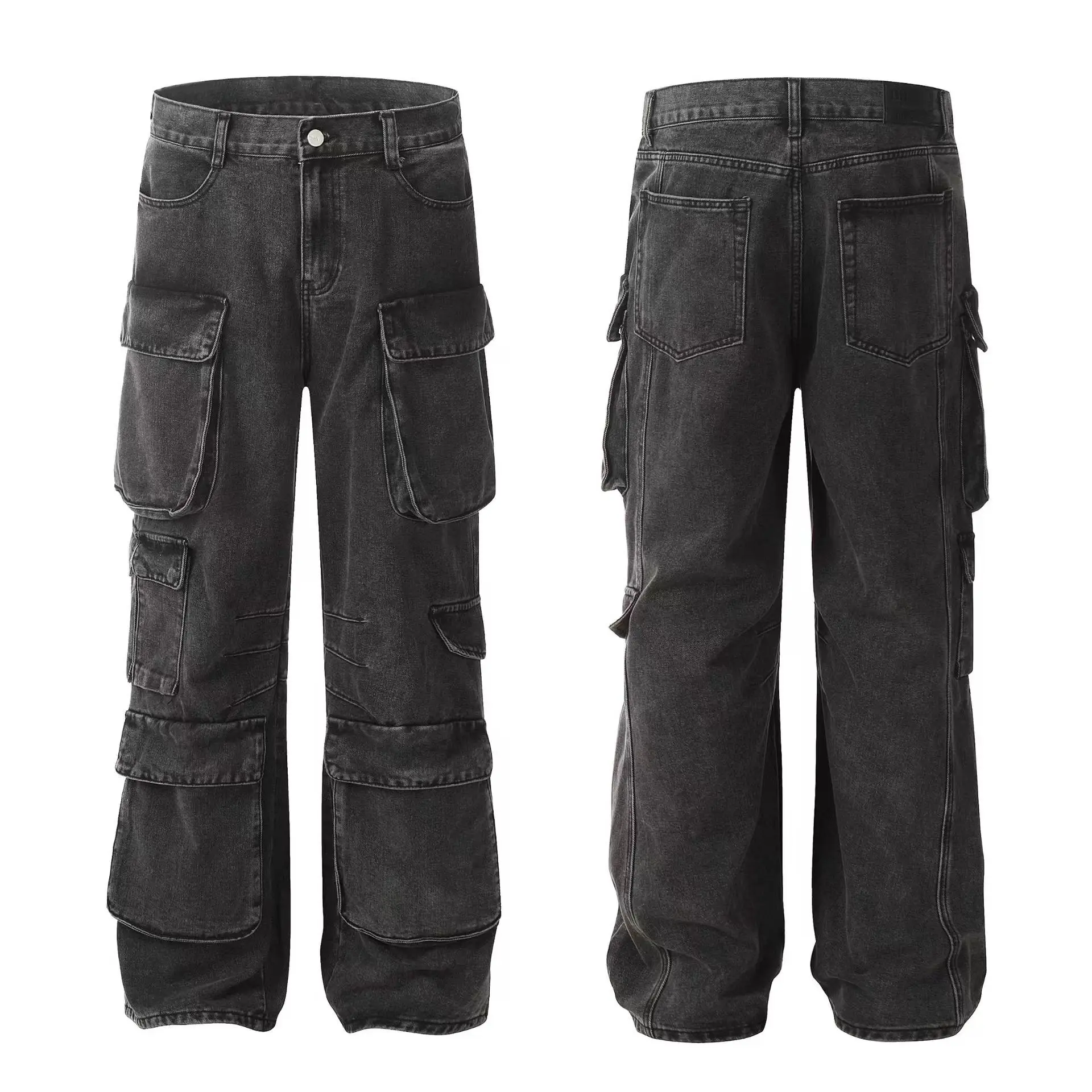 Custom Ready Made Cotton Poly Denim Cargo pants Washed  Wide Straight Leg Fit Jeans  With Multi Pockets In Black Vintage Washed