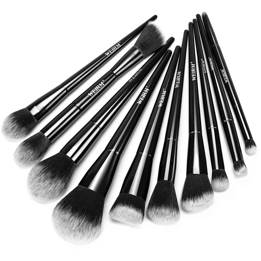 WEIRM 10 pieces custom logo vegan synthetic hair black makeup brush set private label makeup brushes with Sponge brush cleaner