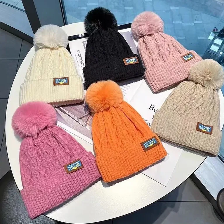 Custom Logo Beanie Winter Hats Plush Knitted Hat Beanie With Pompom Thick Warm Embroidered Letters Twisted Knit Beanies