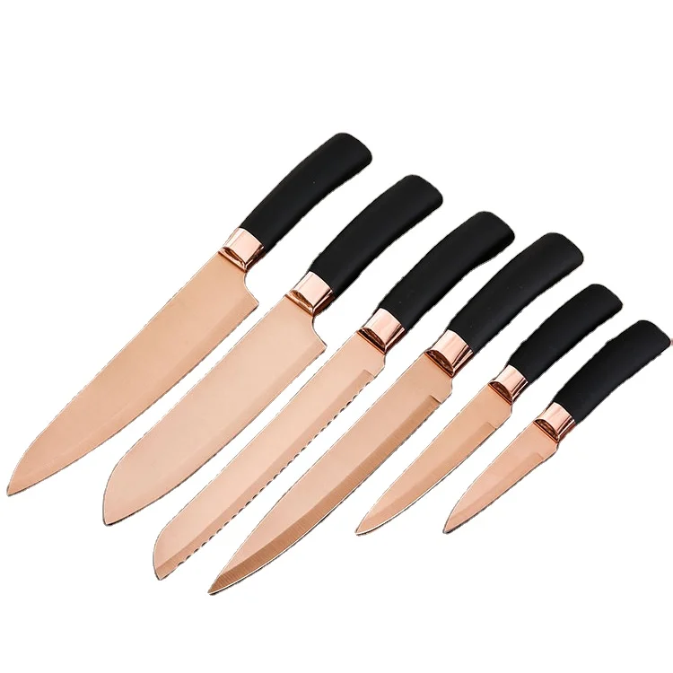 Factory Supply 6-Piece Rose Gold Titanium Coating Forged Knife Set Classic Design with PP Handle Sharp Cutting Kitchen Knife Set