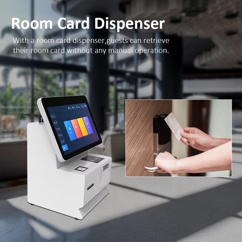 self check in kiosk countertop capacitive touch screen room card issue smart hotel self service checkout kiosk
