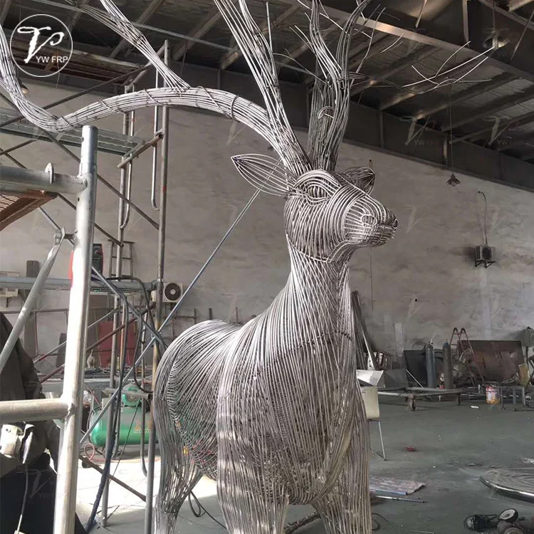 Custom Popular Abstract Stainless Steel Wire Deer Ornament Statue Metal Art Craft Animal Sculpture
