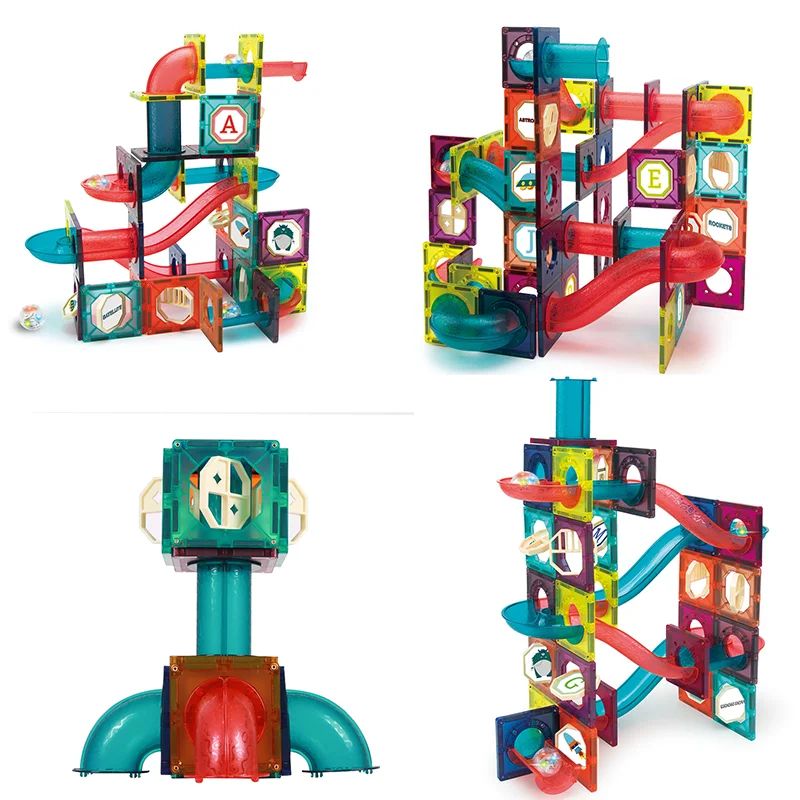 DIY Balls Building Running Roller Coaster Magnetic Maze Race Set Marble Run Tiles