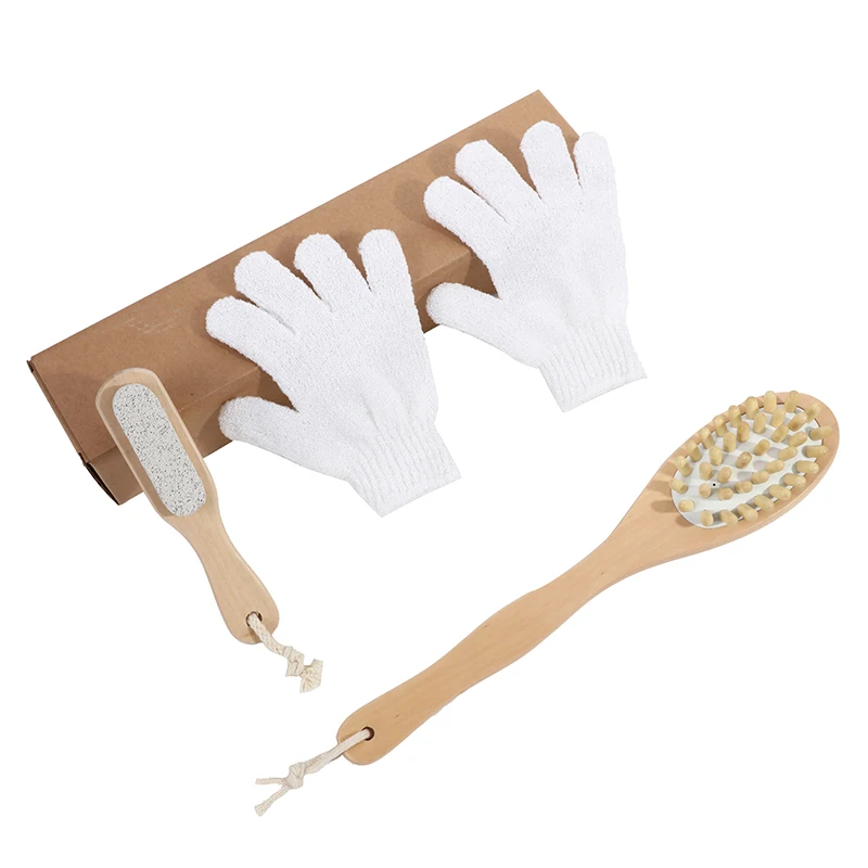 Factory Direct Sales Bath Set Massage Long Handle Natural Wooden Bristle Bath Dry Skin Body Hair Clean Scrubbers Bath Brush Set