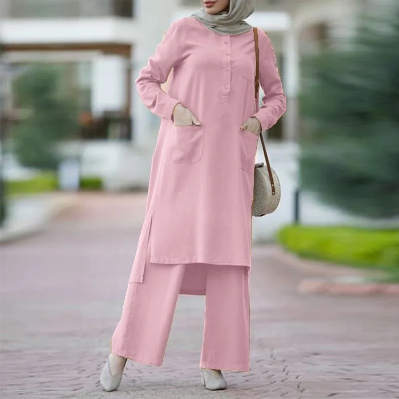 EID Long-sleeved Shirt Trousers Suit Solid Color 2Pcs/set Crew Neck Eid Modest Abaya Dubai 2024 Clothing Set Muslim Women Dress