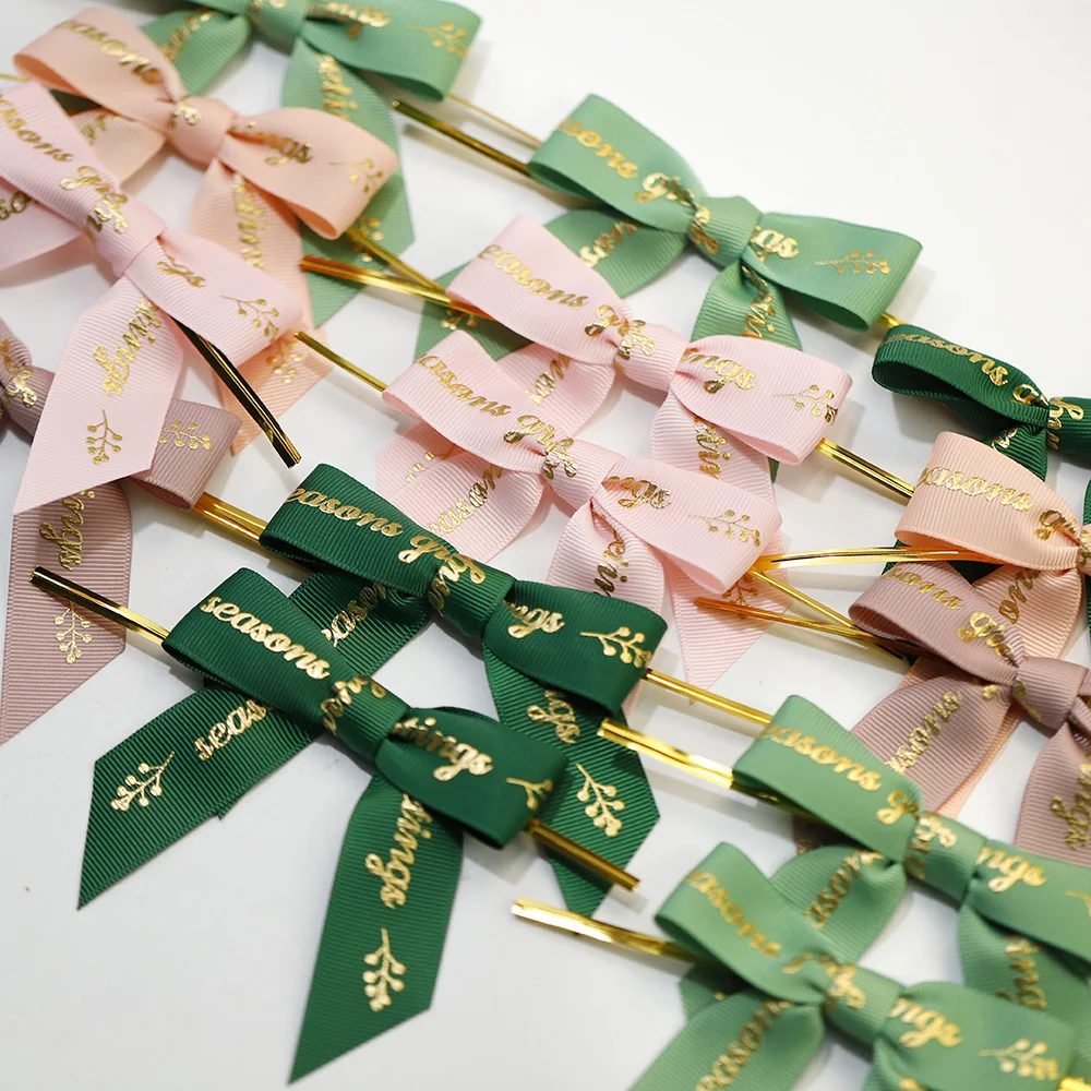 Hot sale pre tied printing shiny logo ribbon bow for gift wrap