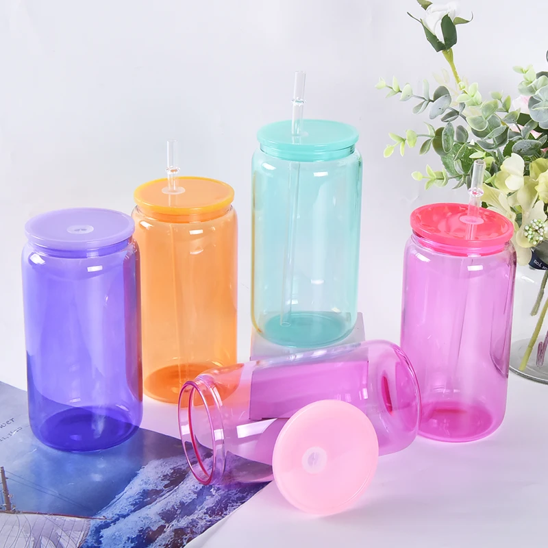 Single wall 12/16/20oz sublimation coated glass mason jar with lid glass coke cup bamboo lid water cup