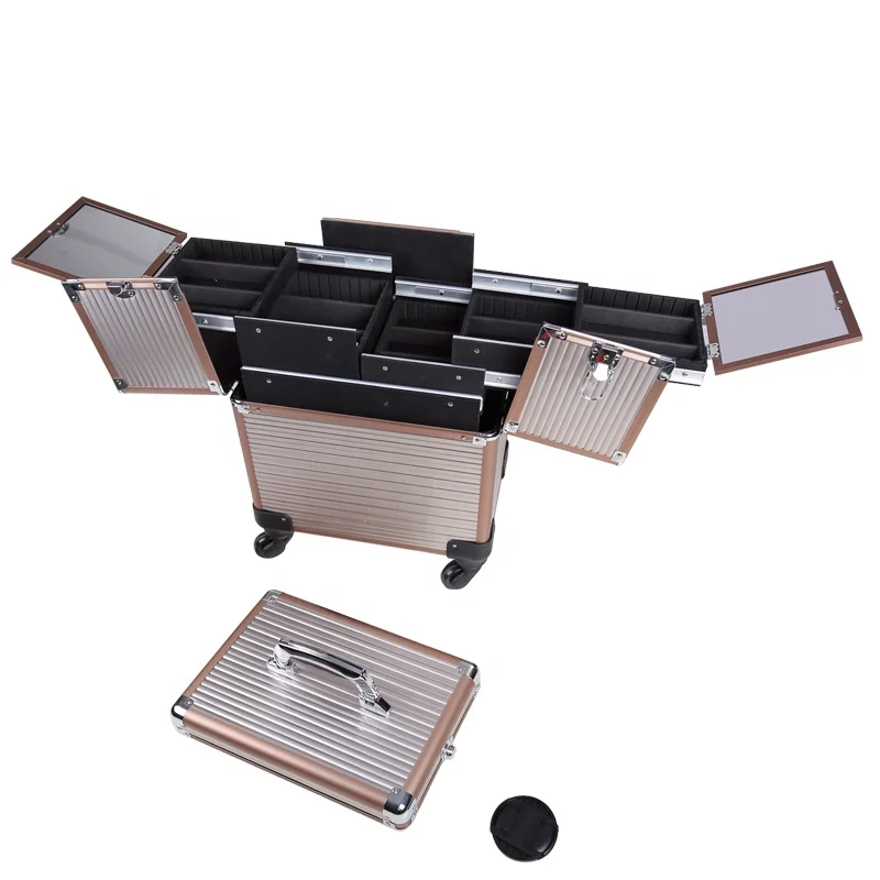 
4 in 1 Golden color Professional Aluminum Trolley Cosmetic Case 