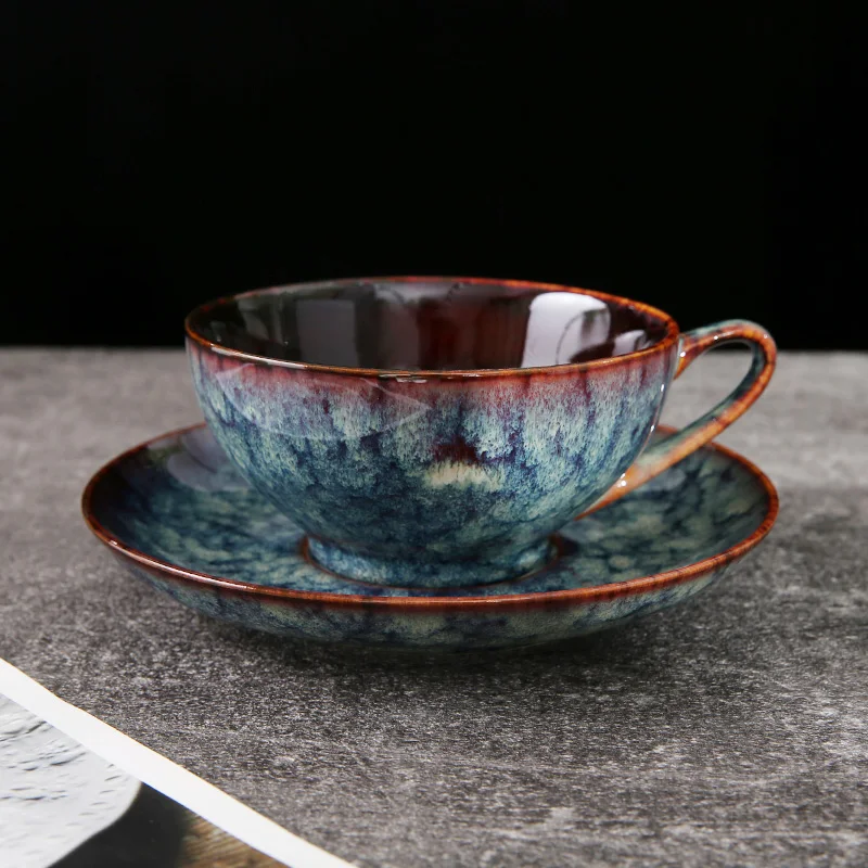 WEIYE 200ml Japanese cup set ceramic tea cup with saucer plate set traditional glaze pottery blue tea cup