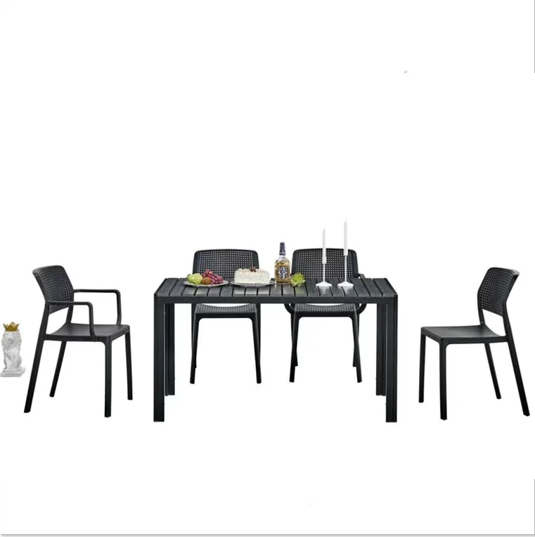 Hot Sale Garden Outdoor Furniture Dining Table Plywood Steel Frame Chair Set of 5 Person Coffee Cafe Chair