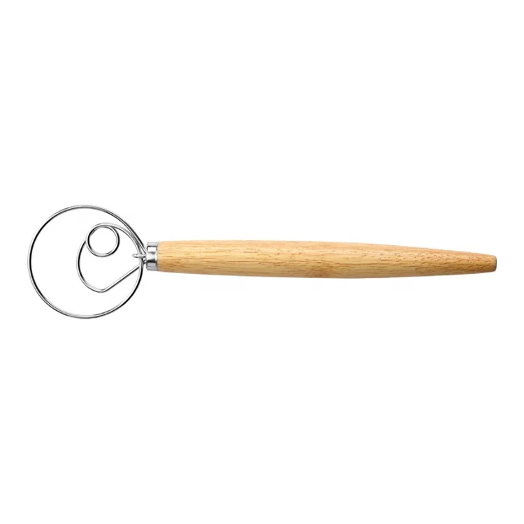 Wholesale wooden handle kitchen baking stainless steel 13 inch bread raw dough whisk mixer
