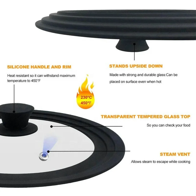 Tempered Glass Lid with Silicone Rim Glass Cover  Pan Pot Lid  Universal  Silicone Glass Pan Pot Cover